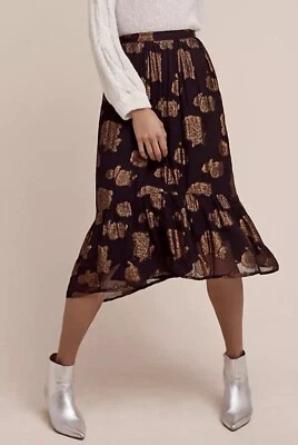 Anthropologie Oralie Skirt  by Floreat Sz 6 $128 Black Hold Floral Midi Chiffon - Image 1 of 4