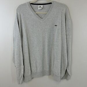 Lacoste Sweater Mens 9 Gray V Neck Pullover Cotton Logo Preppy Long Sleeve Golf