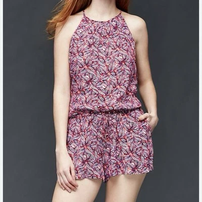 Mameluco Halter Gap Estampado de Hojas Tropicales Rosa Púrpura Bolsillos con Cordón Talla M Foto 1 de 4