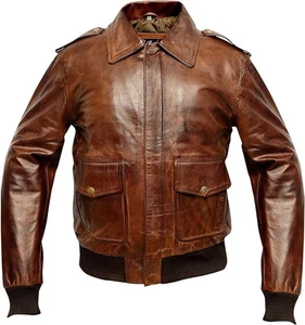 Mens Aviator A2 Jacket Distressed Brown Real Leather Bomber Military Jacket - Picture 1 of 3