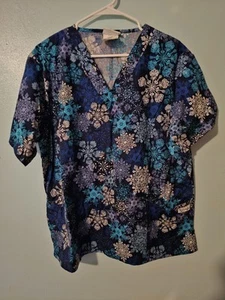 UA Scrubs Brand Snowflakes On Blue Scrub Top - sz L - Picture 1 of 4