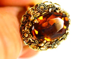 Viktorianischer Ring floral filigran tschechisch oval facettiert Bernstein Strass goldfarben - Bild 1 von 11
