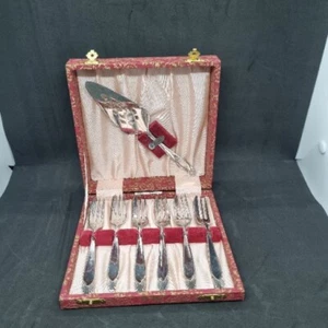 Cake Forks Box Set Forks & Server 7 Piece VTG Set Siver Plated Red Embossed Box - Picture 1 of 24