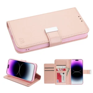 Luxus Gold Leder Geldbörse Etui für iPhone 14 Pro Max, Magnetverschluss, Ständer - Bild 1 von 6