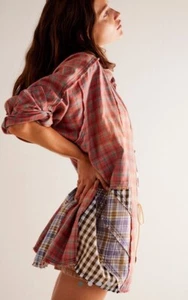 Free People Boyfriend Plaid Shirt Denim Patch We The Free Red Combo L NEW - Picture 1 of 6