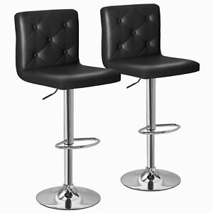 Set of 2 Bar Stools Adjustable Swivel Counter PU Leather Button Tufted Chair