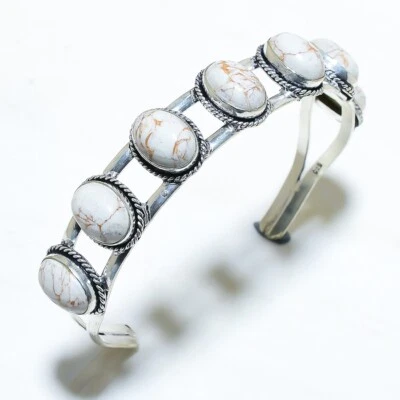 Brazalete ajustable de joyería de plata hecha a mano turquesa blanca cobre CSL5205 Foto 1 de 2