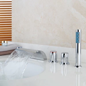 Silver Bathroom 5Pcs Set Faucet Waterfall Spout With Hand Sprayer Tub Faucet Kit - Picture 1 of 11