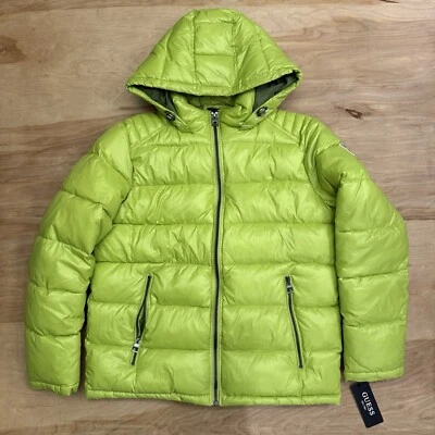 NEW GUESS Men's Puffer Jacket Removable Hood Lime Lined Insulated Size Large - Image 1 of 4