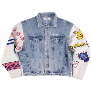 Litlab Pokemon Sz S 2016 Pikachu Denim Jacket Knit Sleeves Retro Looking Blue - Picture 1 of 15