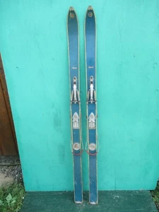 Vintage Wooden Snow Skis 58" Long Original BLUE Finish Cable Bindings Decoration - Picture 1 of 3