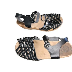 Troentorp Anna Sandalen Clogs Gr. EU 38 geflochten schwarz Leder offene Zehenpartie Knöchelriemen - Bild 1 von 10