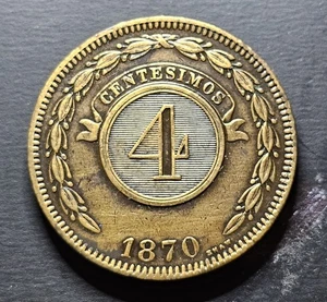 1870 Paraguay 4 Centesimos Large Bronze High Grade  Scarce Coin  - Picture 1 of 8