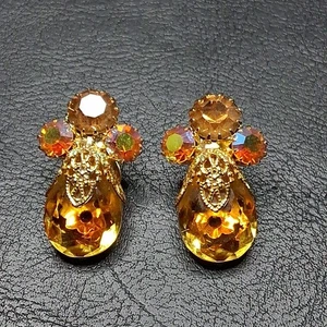 Vintage Clip On Earrings AB/Yellow Crystal Gold Tone. 16.525 - Picture 1 of 4