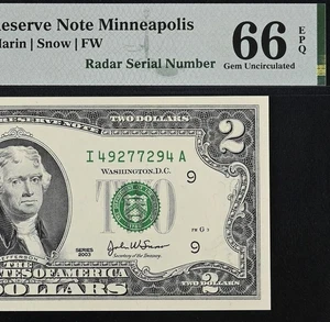 2003 $2 Federal Reserve Note PMG 66EPQ - Fancy Radar Serial Number 49277294 - Picture 1 of 3