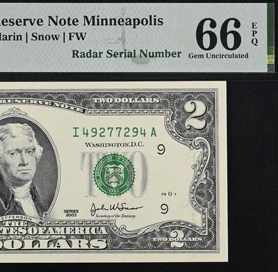 2003 $2 Federal Reserve Note PMG 66EPQ - Fancy Radar Serial Number 49277294 - Image 1 of 3