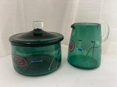 Hand Blown Art Glass FINELINE STUDIOS Green Sugar & Creamer Set SIGNED/DATED - Image 1 of 4