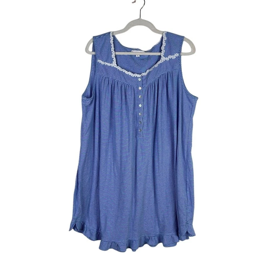 Vestido para dormir a rayas de algodón Eileen West XL pijama camisón con volantes dobladillo ropa de salón Foto 1 de 4