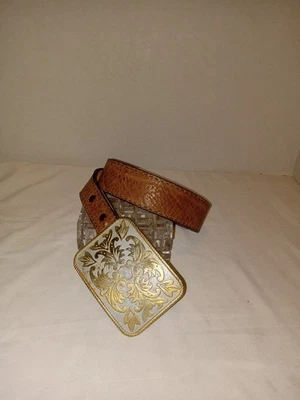 Western Brown Rawhide Leather Belt Silver Square Buckle Women's Size 32"  - Image 1 of 4