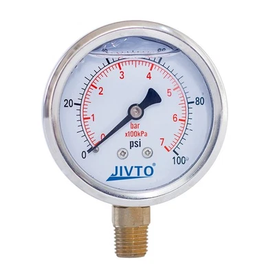 Pressure Gauge,Glycerin Liquid Filled,2-1/2" Dual Scale Dia,0-100 psi/bar/kpa... - Image 1 of 4
