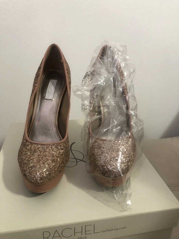 Zapatos de salón Rachel Roy brillantes con plataforma tacones champán/oro rosa talla 5,5 Foto 1 de 4