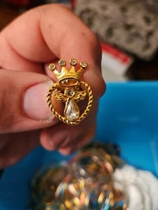 Angel Gemstones Heart Crown Gold Tone Vintage Lapel Pin - Picture 1 of 6