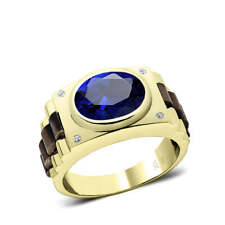 Sterling Silver Blue Sapphire Ring for Man Gold Plated Band with Natural Diamond