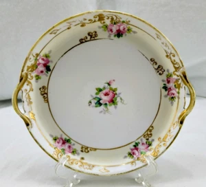 Nippon handbemalt Griff 7,5" Runde Servierschale Tablett Teller - Rosa Rosen Gold - Bild 1 von 4
