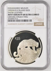 1993FM British Virgin Islands SNOW LEOPARD Silver $25 MINT ERROR PF 68 UC NGC - Picture 1 of 5