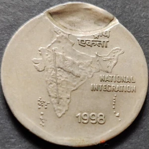 India Rs 2, Error Coin, 1998, Calcutta Mint, *BIG INDENT ERROR* Cu-Ni (D96) - Picture 1 of 2