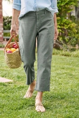 Pantalones Frank & Eileen para mujer 6 Kinsale dobladillo crudo lino algodón verde oliva elástico  Foto 1 de 4