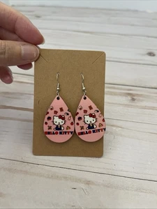 Unbranded Hello Kitty Wooden Tear Drop Double Sided Dangle Earrings - Picture 1 of 4