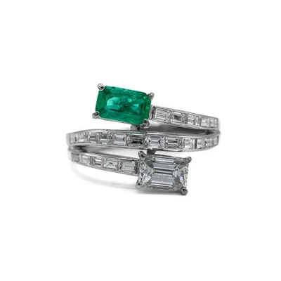 Ring mit Smaragd und Diamanten in 18 Kt. 750 Weiß gold mit DPL  DSEF Expertise - Bild 1 von 4