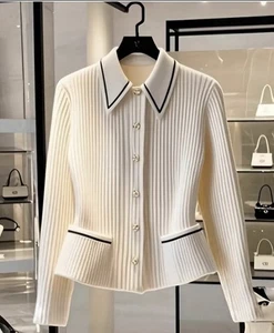 Mujer Elegante Cárdigan Acanalado Blanco Botón Frontal Negro Cuello Borde XL Elástico - Imagen 1 de 16