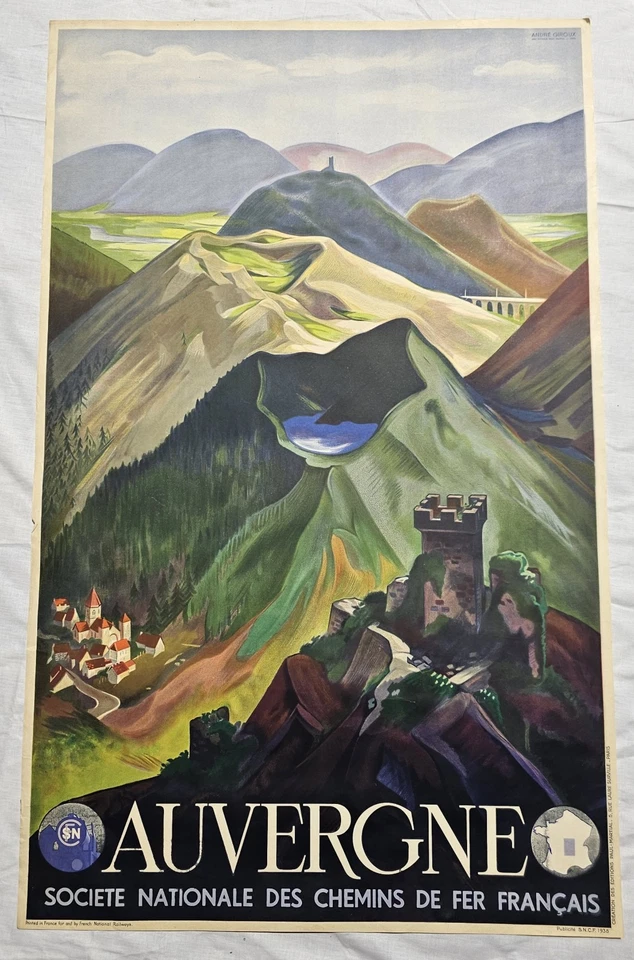  Affiche originale A.Giroux 1938 - SNCF Auvergne - 100 X 62 cm - Paul Martial  - Photo 1/4