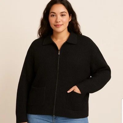 Investments Women’s Zip Up Cardigan Black Ribbed Knit Sweater Jacket Wmn's L - Image 1 of 4