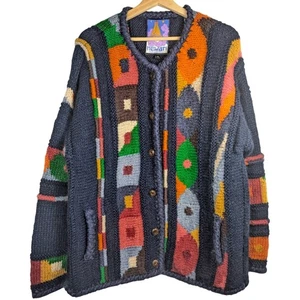 Vintage bunte Wolle Handarbeit Patchwork Strick Cardigan Grobstrick Pullover XL - Bild 1 von 6