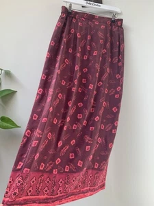 EAST Silk Maxi Skirt XL Fits UK 12 14 Burgundy Floral Boho Summer Pull On - Picture 1 of 8