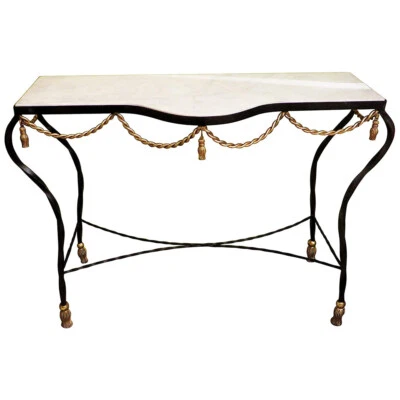 Black Gold Iron Swag Tassel Console Table Ornate Marble Metal Sofa Rope 36 in - Image 1 of 4