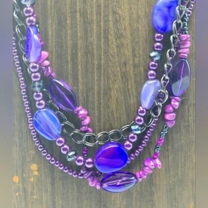 00's Purple Stone Glass Beads Necklace 4 Strand Gun Metal Adjustable Statement - Picture 1 of 6
