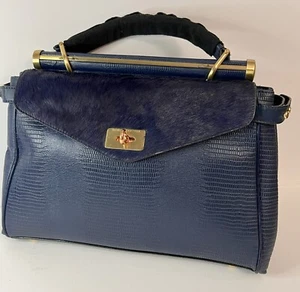 BCBGMAXAZRIA Blue Leather and Fur Satchel Handbag  - Picture 1 of 8