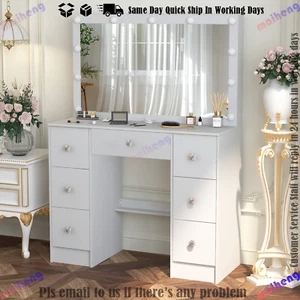Large LED Lighted Mirror Makeup Dressing Desk Vanity Table with 7 Drawers White - Picture 1 of 12