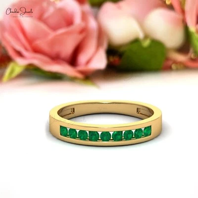 14k Solid Gold Channel Set 1/4CT Natural Emerald Half Eternity Wedding Band Ring - Image 1 of 4