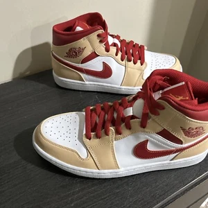 Size 10.5 - Air Jordan 1 Mid Light Curry Cardinal Red - Picture 1 of 9