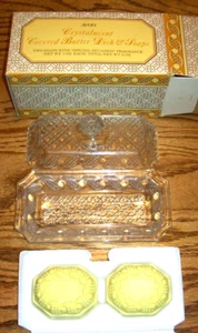 Avon Crystalucent Covered Butter Dish 2 Soap set 6oz Glass Yellow New Old Stock - Picture 1 of 6