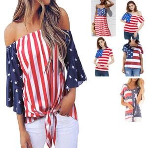 Women's Short Sleeve American Flag 4th July Patriotic Top T-Shirt Blouse - Picture 1 of 13