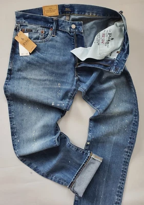 POLO RALPH LAUREN VARICK SLIM STRAIGHT RECYCLED COTTON MENS BLUE DISTRESS JEANS - Image 1 of 4