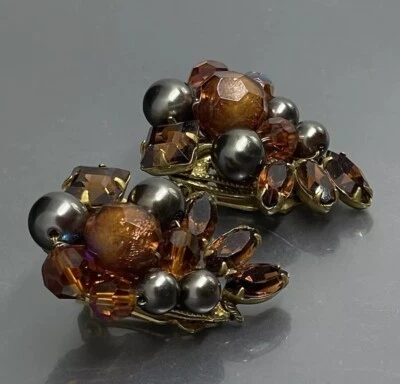 Eugene Miriam Haskell Gold Tone Brown Orange Glass Pearl Clip On Earrings 1 1/4” - image 1 of 4