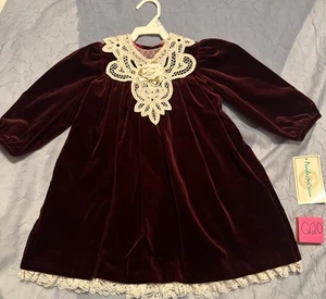 Vintage Peaches 'n Cream Burgundy Velvet Dress Lace Overlay Collar Size 4T - NWT - Picture 1 of 11
