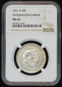 1951 D Washington-Carver Commemorative Silver Half Dollar MS 63 NGC 50C US COIN - Picture 1 of 4